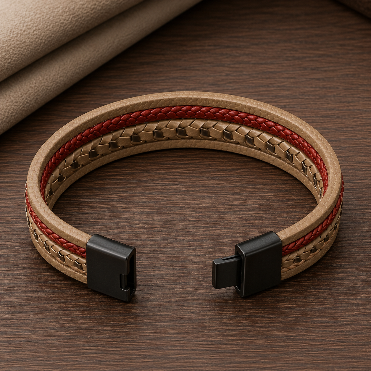 Bracelet homme cuir tressé beige et rouge