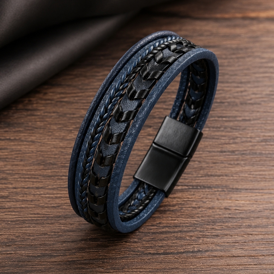 Bracelet Homme Multi-Rangs Cuir Tressé – Bleu Marine & Noir
