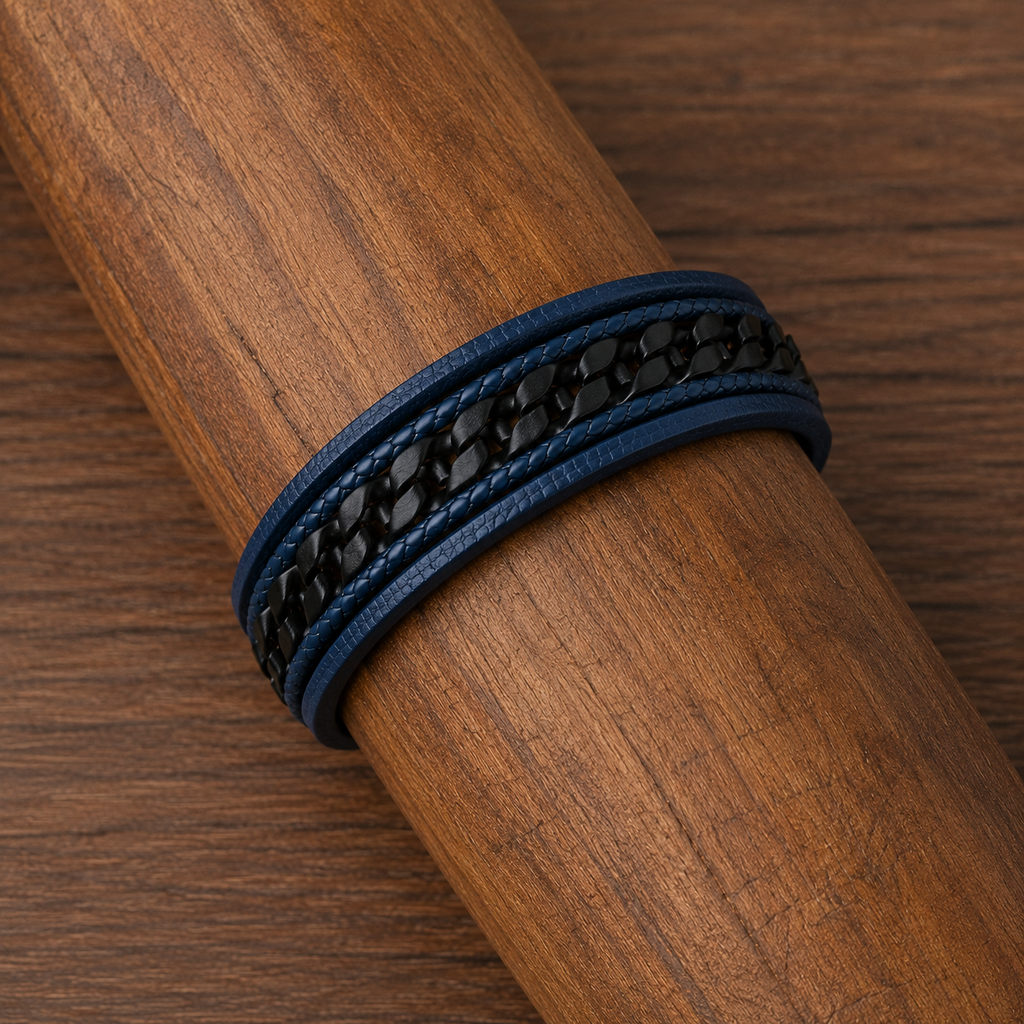 Bracelet Homme Multi-Rangs Cuir Tressé – Bleu Marine & Noir