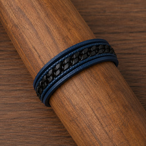 Bracelet Homme Multi-Rangs Cuir Tressé – Bleu Marine & Noir