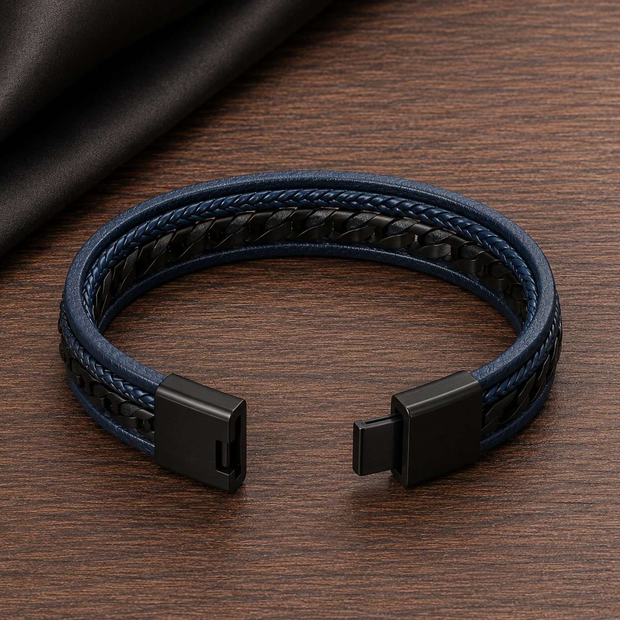 Bracelet Homme Multi-Rangs Cuir Tressé – Bleu Marine & Noir