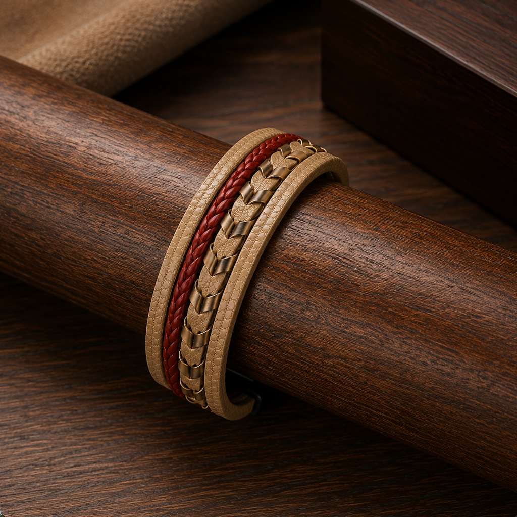 Bracelet homme cuir tressé beige et rouge