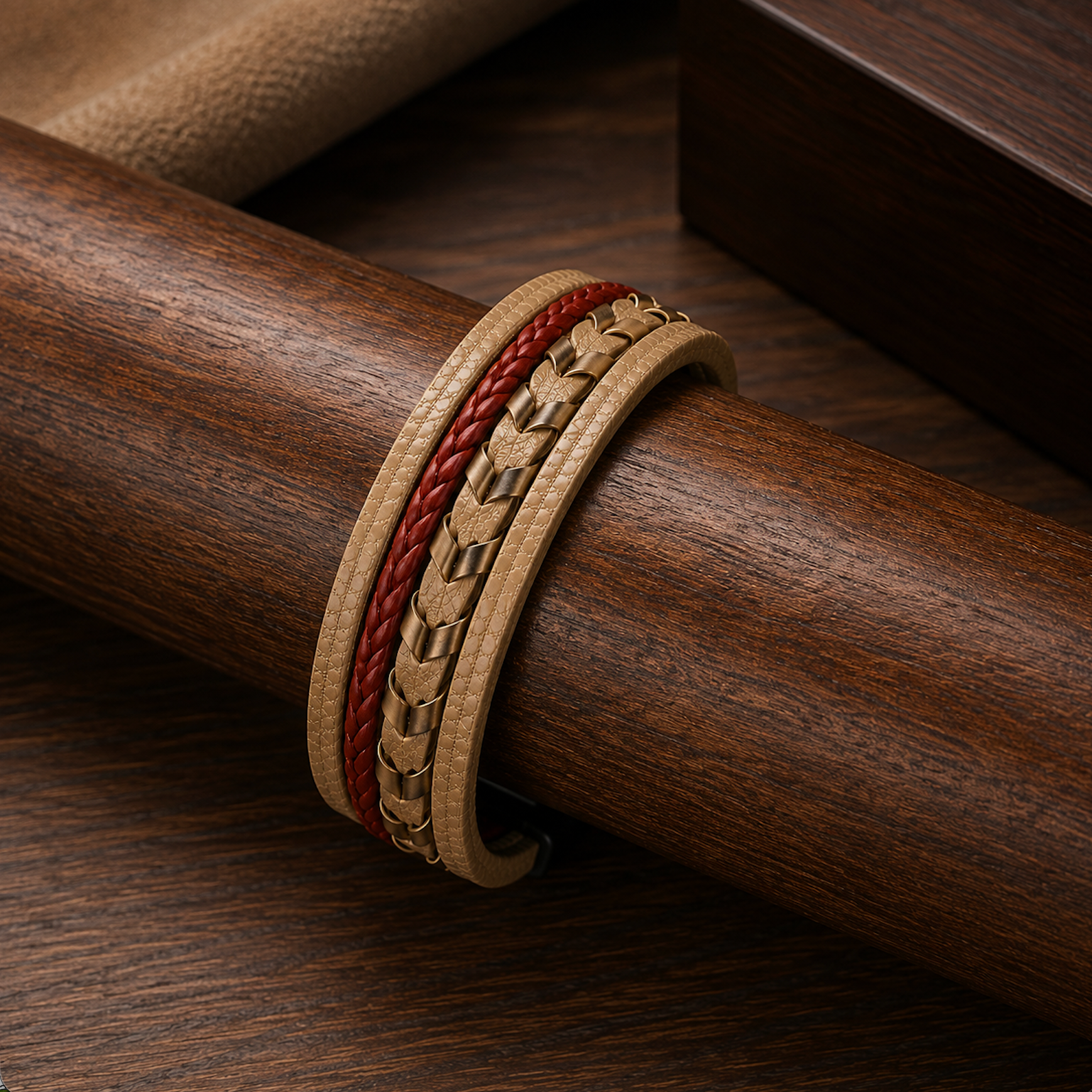 Bracelet homme cuir tressé beige et rouge